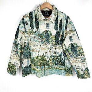 Rebel Vengeance Men Tapestry Jacket Small Woven Landscape Village Art Scene New